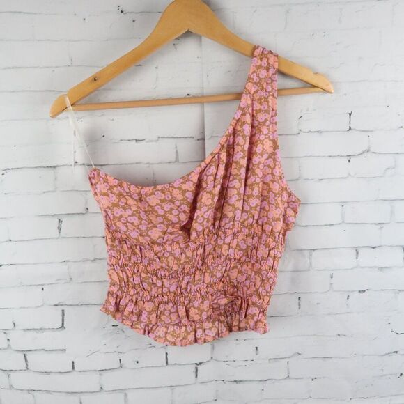 BP PINK & PURPLE FLORAL ONE SHOULDER SMOCKED CROP TOP SIZE SMALL NWT - Picture 7 of 7